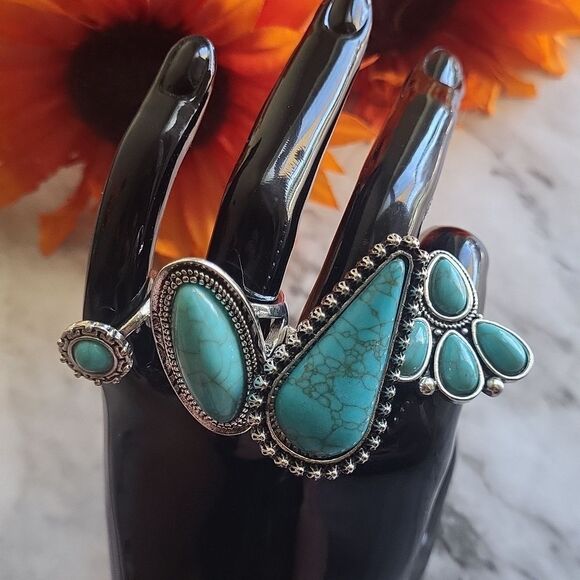 Simple and Elegant Blue Turquoise Water Teardrop Ring Set varied size - Picture 5 of 12